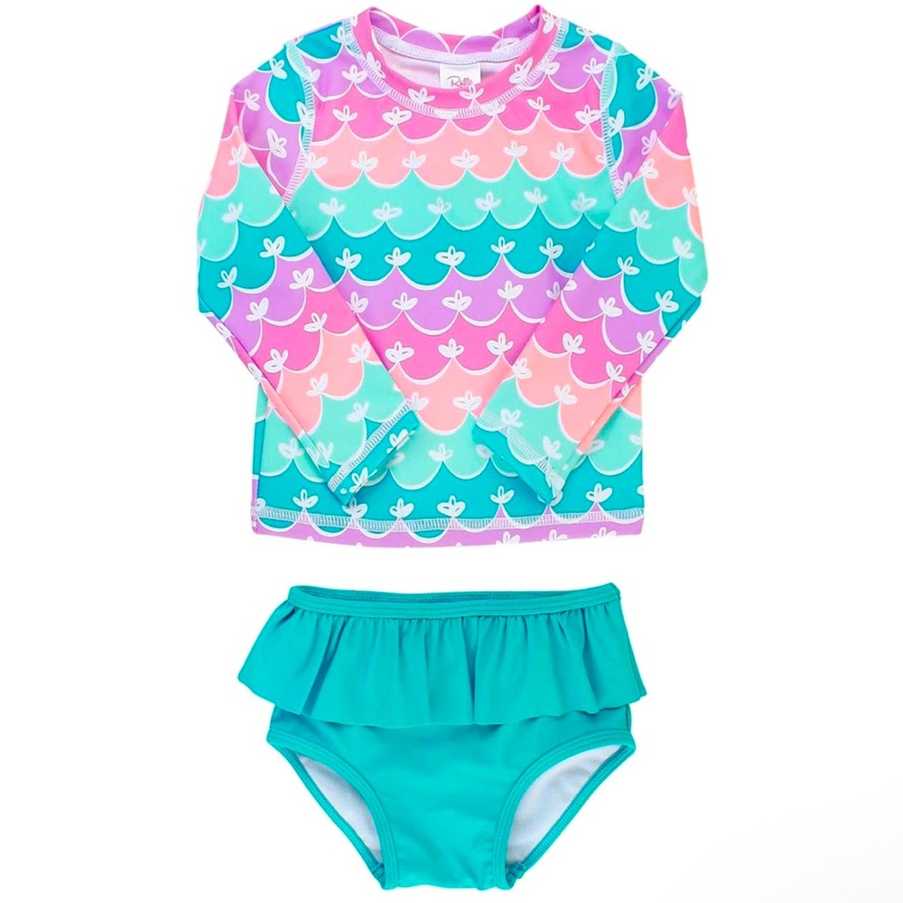RuffleButts® Girls Rash Guard 2-Piece Swimsuit Set - Long Sleeve MERMAID